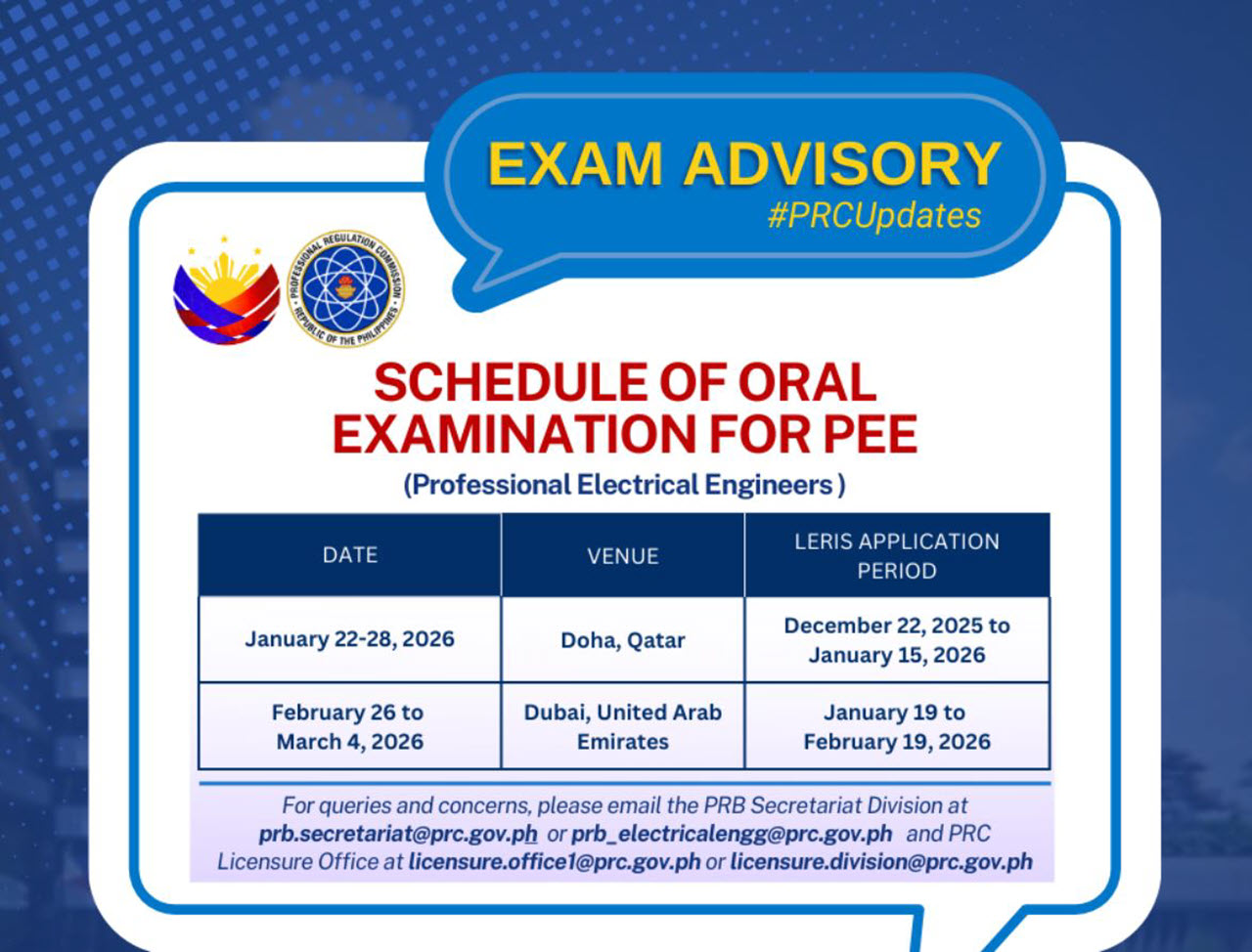 PRC Announced Schedule of the Oral Examination for Professional Electrical Engineers