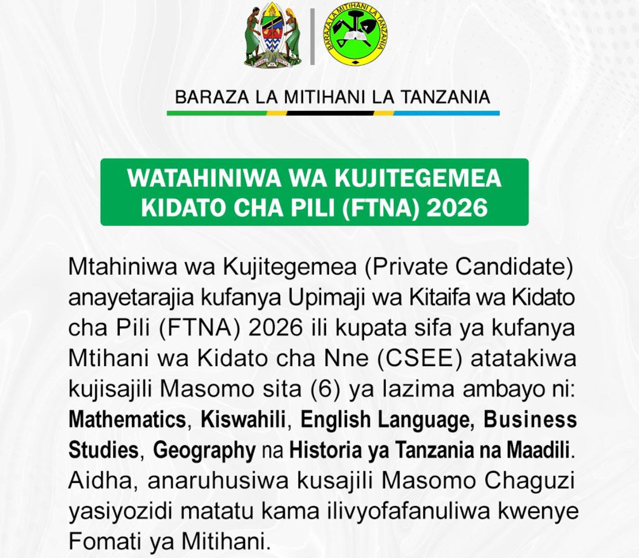 Six Mandatory Subjects for FTNA 2026 Private Candidates Seeking CSEE Eligibility
