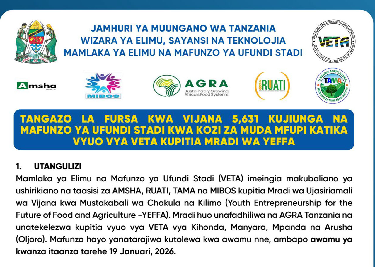 VETA Announces 5631 Training Opportunities for Youth Under YEFFA Project