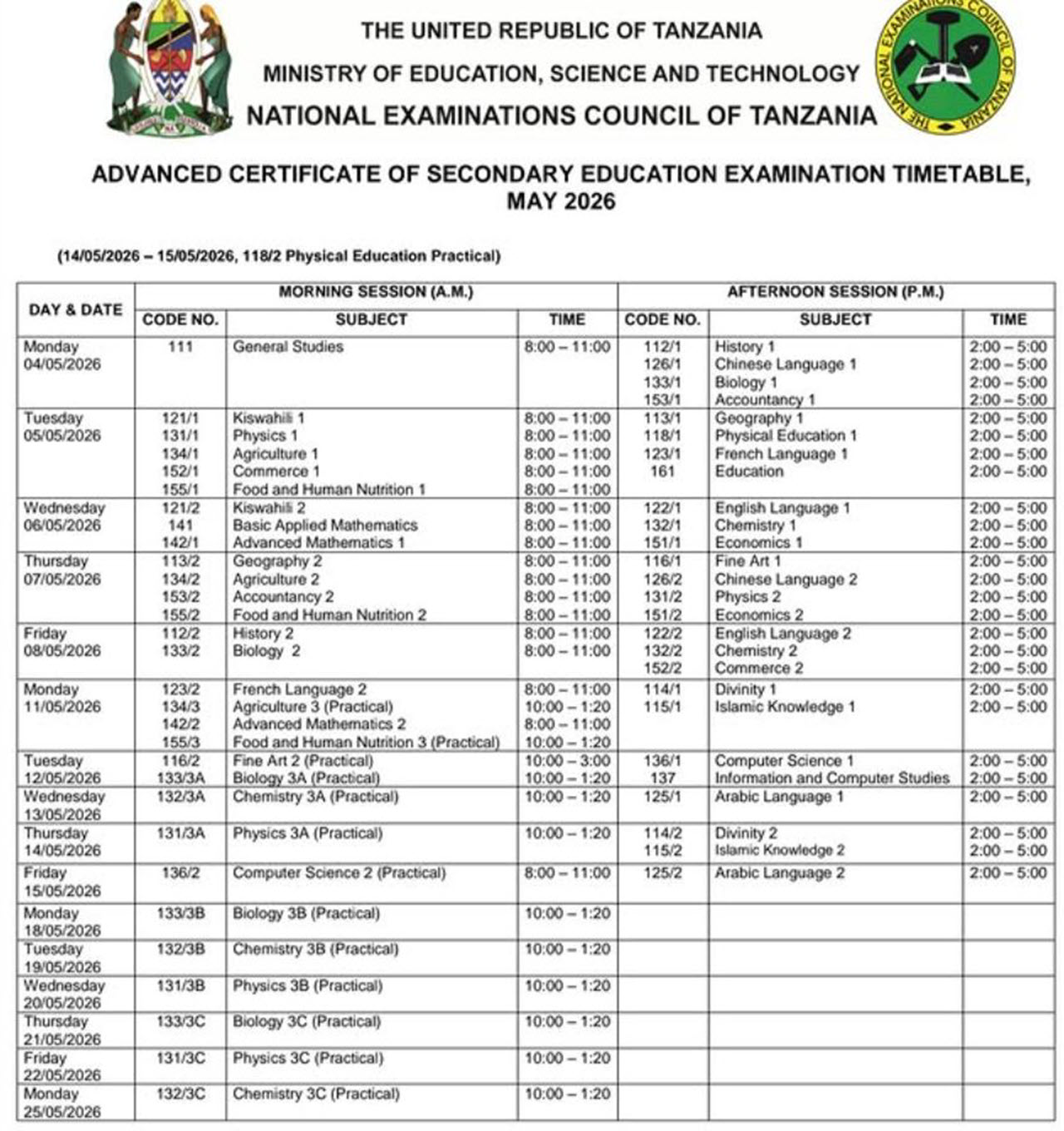 necta form six examination timetable 2026