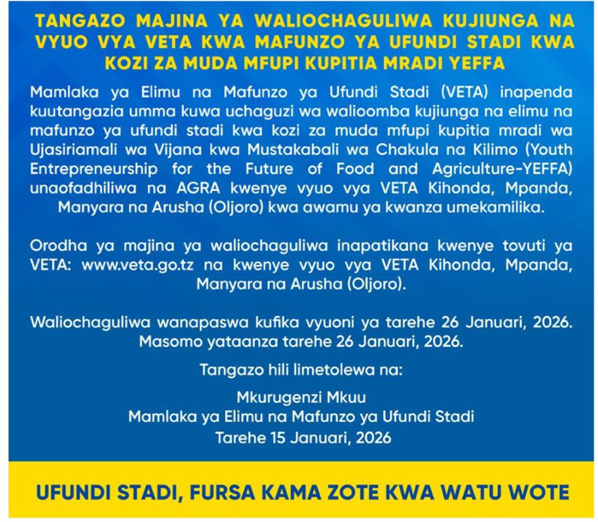 Candidates Admitted to VETA Short Term Courses Through the YEFFA Program