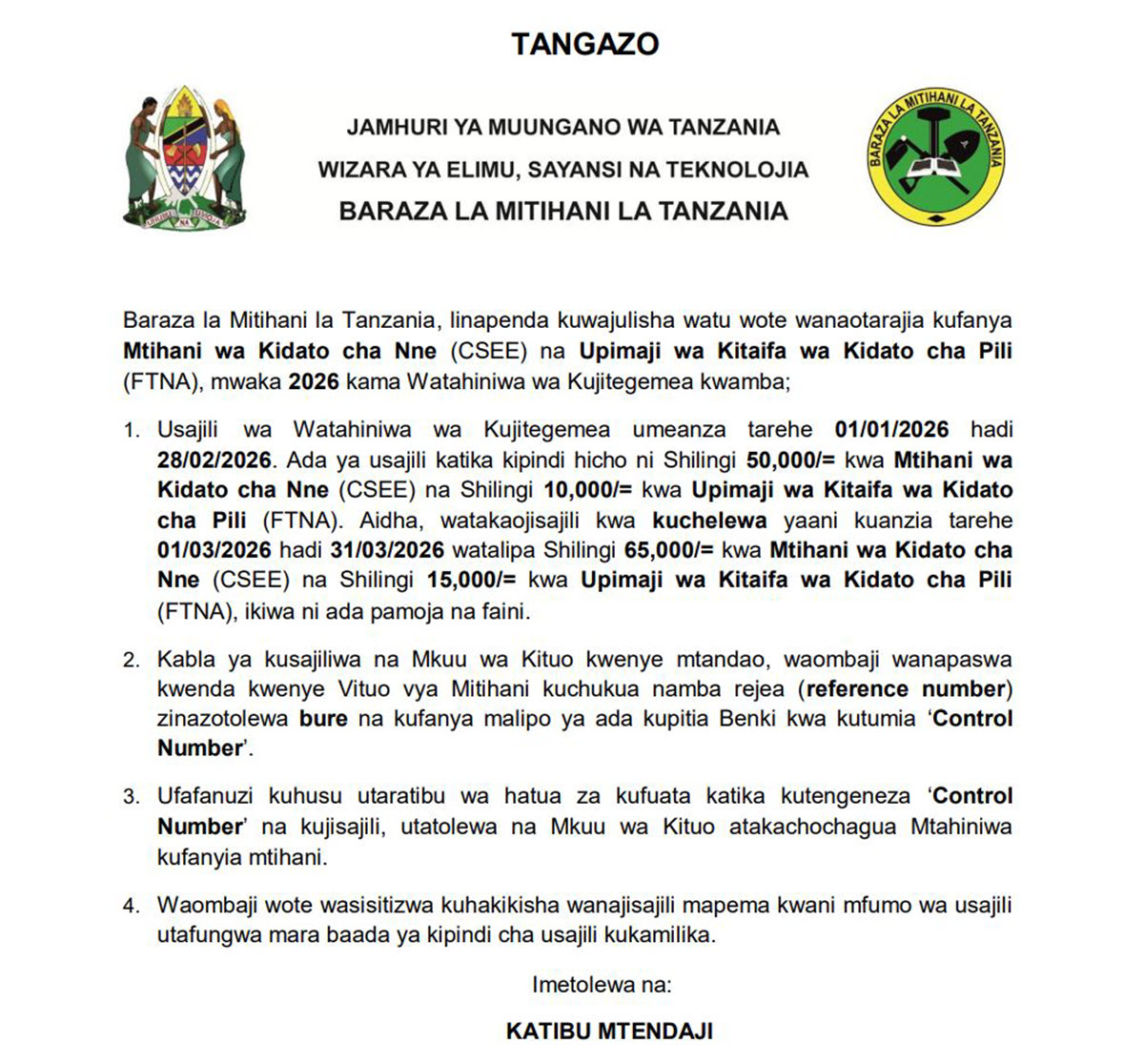 NECTA Announces Registration Dates and Fees for 2026 CSEE and FTNA Private Candidates