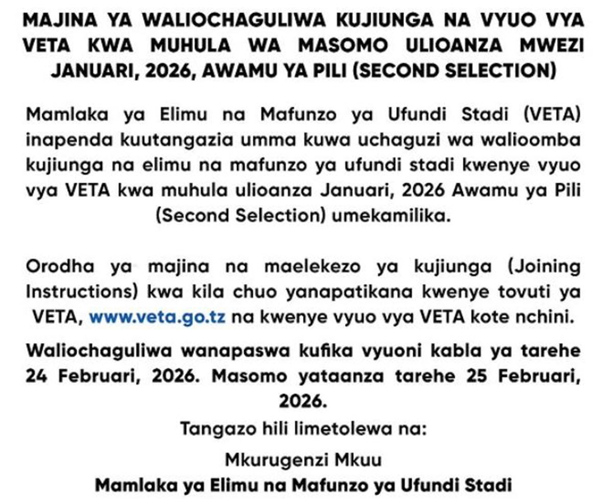 List of Students Selected to Join VETA January 2026 Second Selection