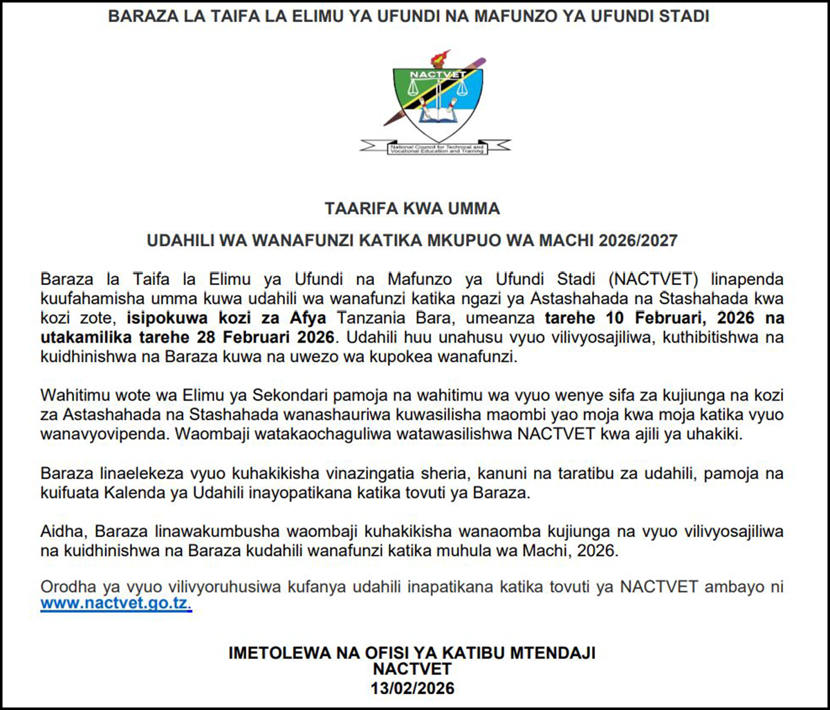 NACTVET Releases Admission Colleges for March 2026 2027 Intake