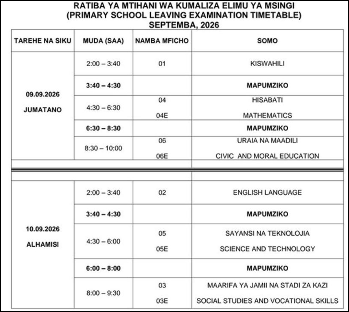 NECTA Primary School Leaving Examination Timetable 2026 Released