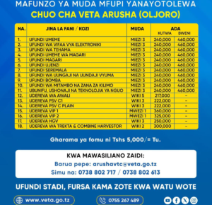 Short Courses Offered at VETA Arusha (Oljoro): Fees, Duration & Programs 2026