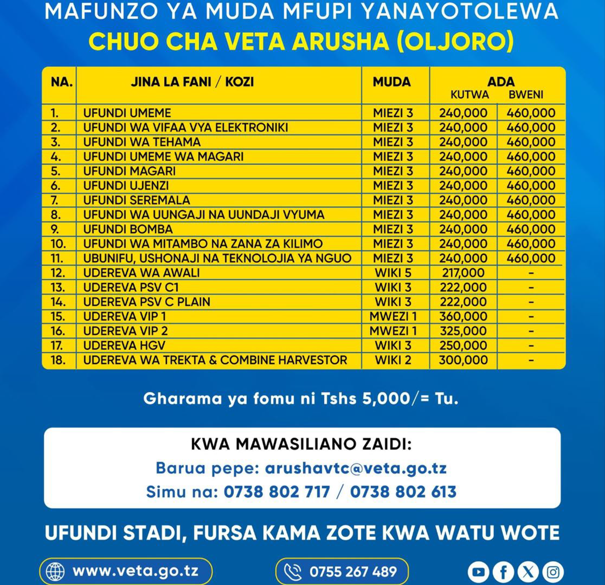 Short Courses Offered at VETA Arusha (Oljoro): Fees, Duration & Programs 2026