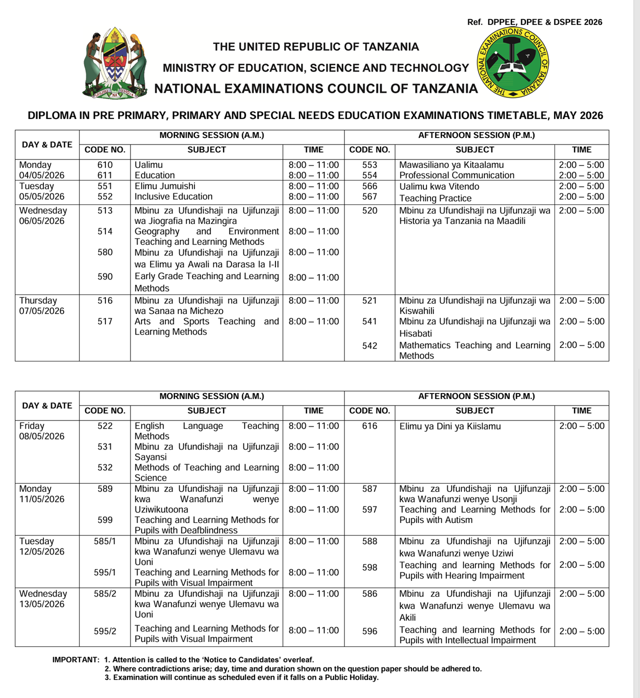 Diploma in Pre Primary, Primary and Special Needs Education Timetable May 2026 (Full Schedule)