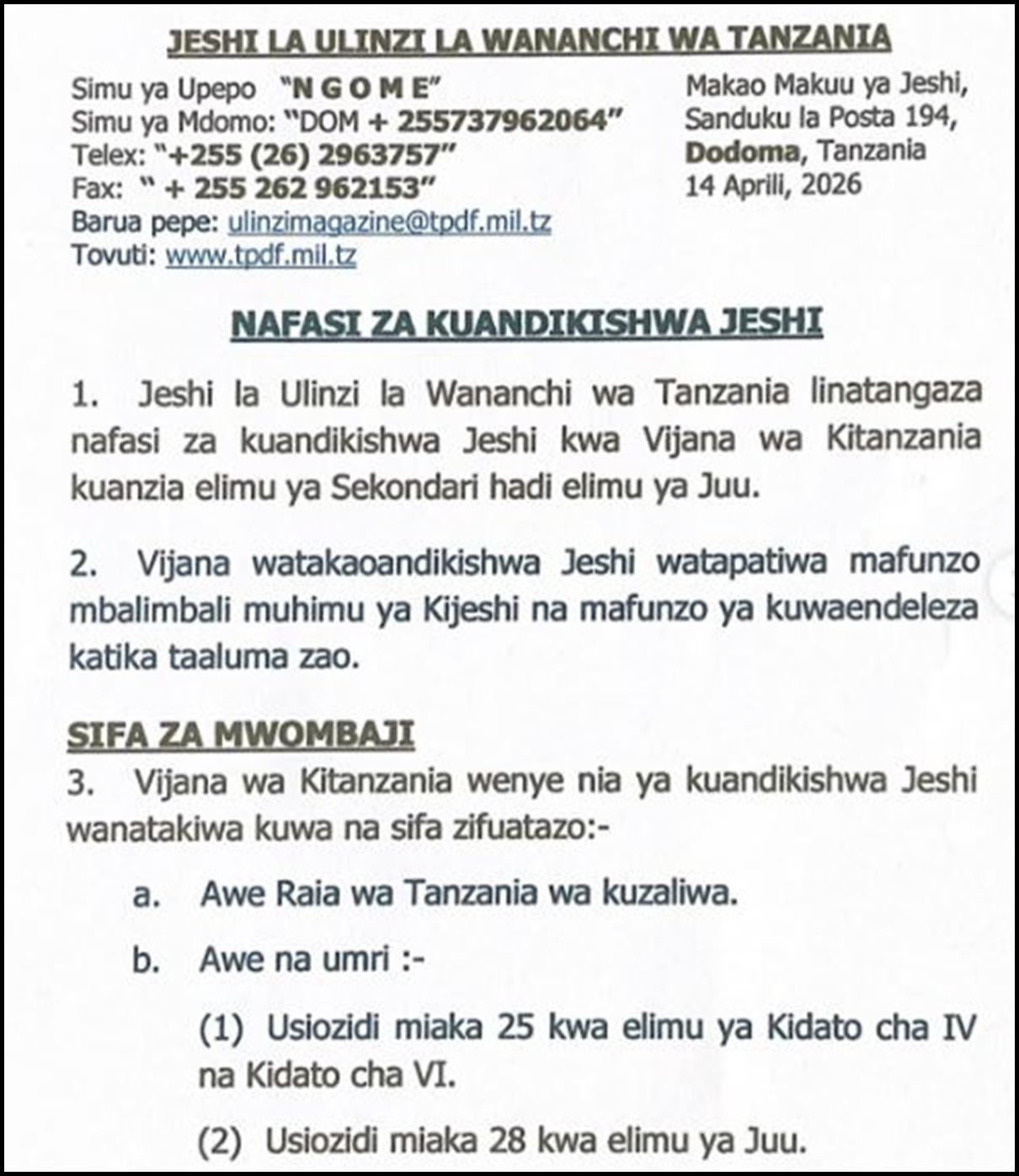 JWTZ Recruitment 2026 Announced for Youth from Form Four to Degree Level