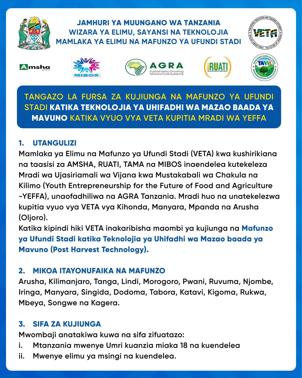 VETA Announces New Training Opportunities in Post Harvest Technology Under YEFFA Project
