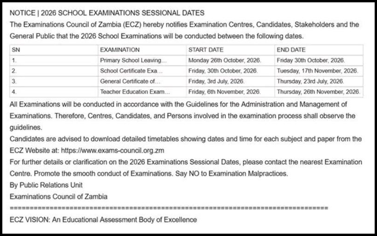 ECZ Announces 2026 School Examination Dates for Zambia Candidates